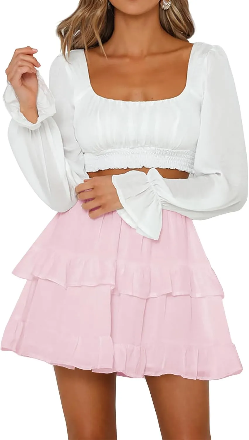 Women's Pleated Ruffles Flared Skirt Casual Boho Tiered Flowy Basic Casual High Waisted Mini Skater Skirts