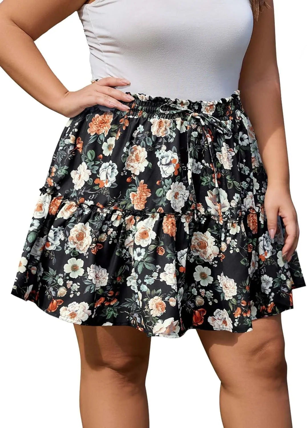 Women's Plus Size Flowy Floral Skirt Casual Boho High Waisted Ruffle Tiered Mini Skater Skirt with Shorts
