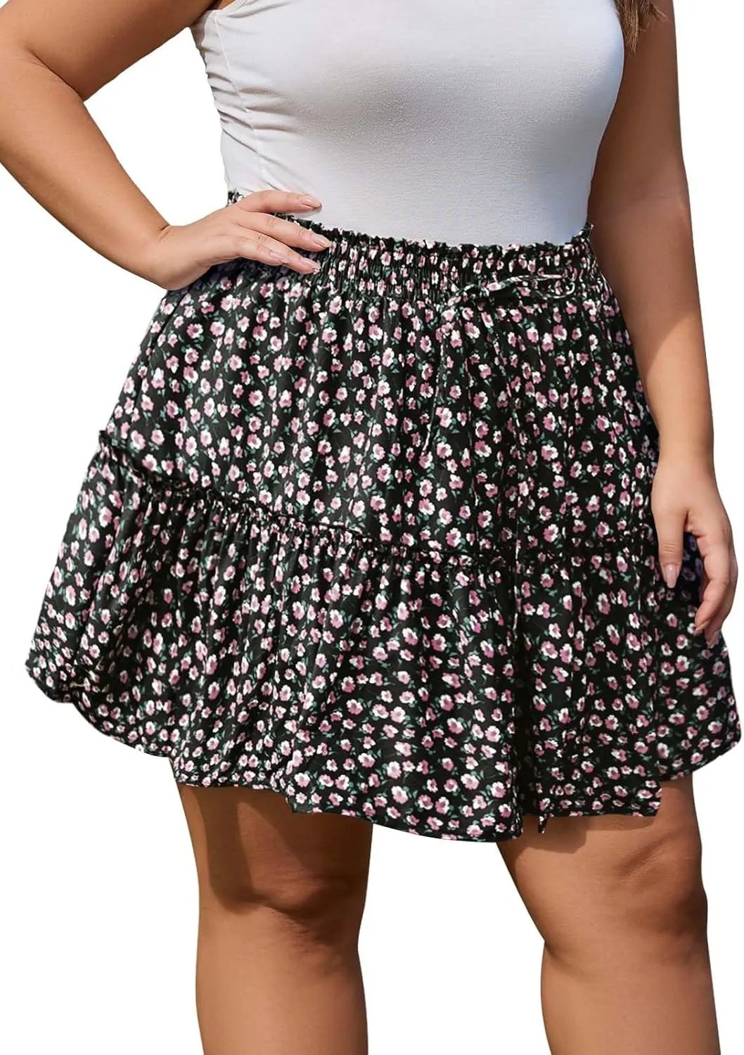 Women's Plus Size Flowy Floral Skirt Casual Boho High Waisted Ruffle Tiered Mini Skater Skirt with Shorts