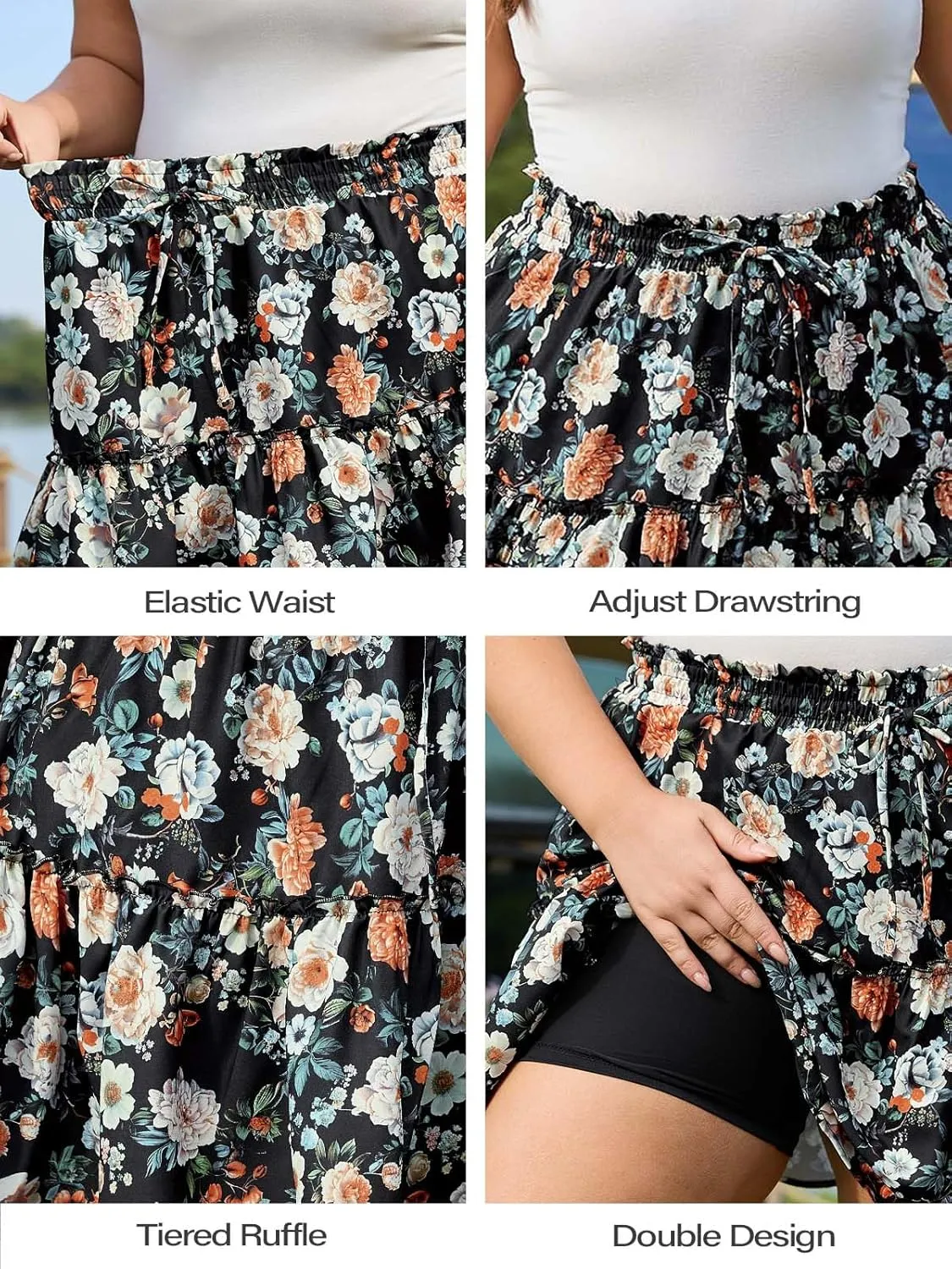 Women's Plus Size Flowy Floral Skirt Casual Boho High Waisted Ruffle Tiered Mini Skater Skirt with Shorts