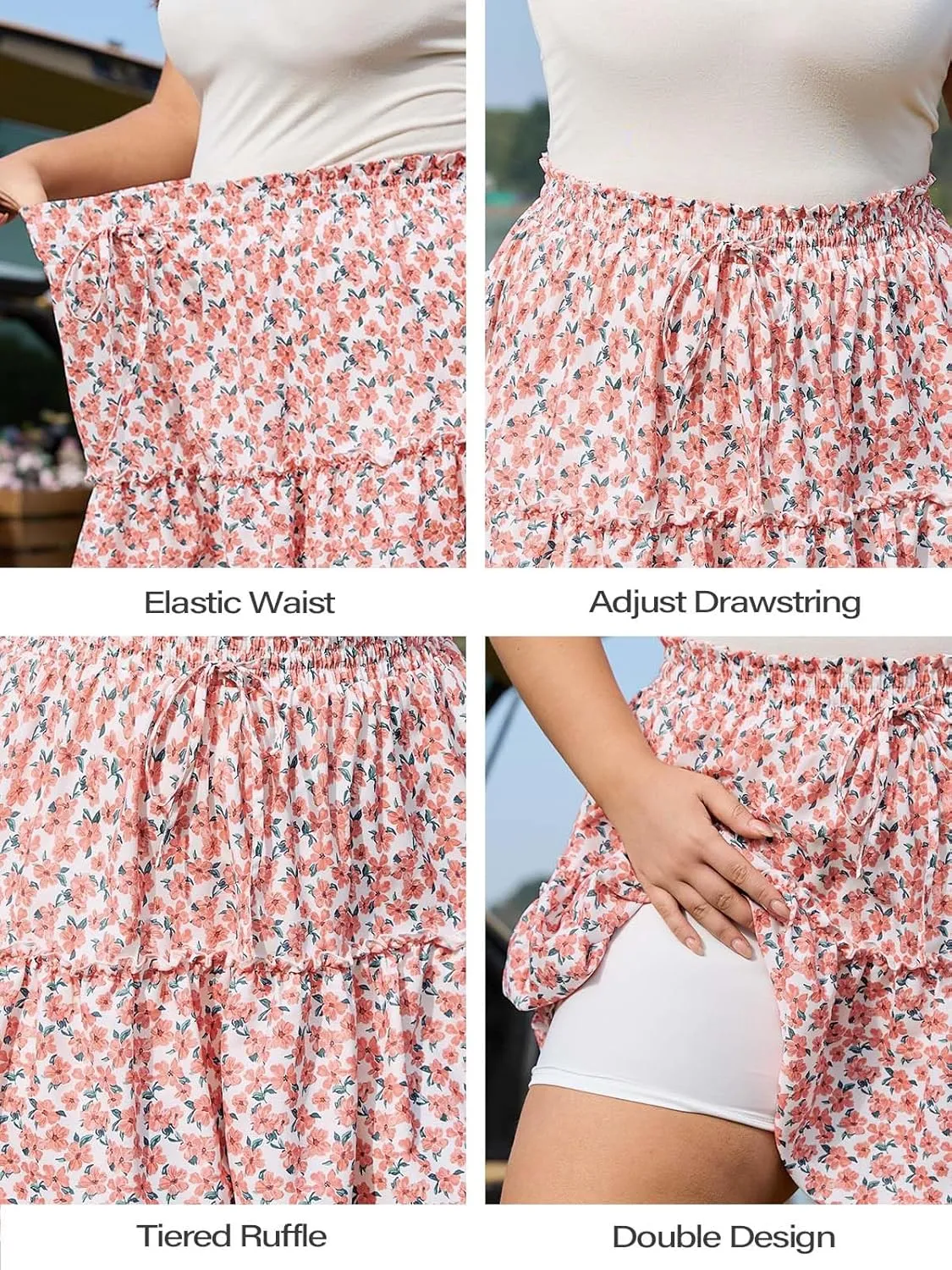 Women's Plus Size Flowy Floral Skirt Casual Boho High Waisted Ruffle Tiered Mini Skater Skirt with Shorts