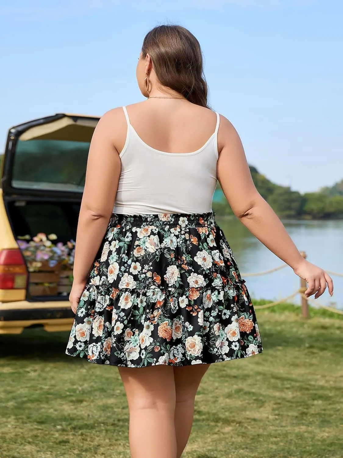 Women's Plus Size Flowy Floral Skirt Casual Boho High Waisted Ruffle Tiered Mini Skater Skirt with Shorts