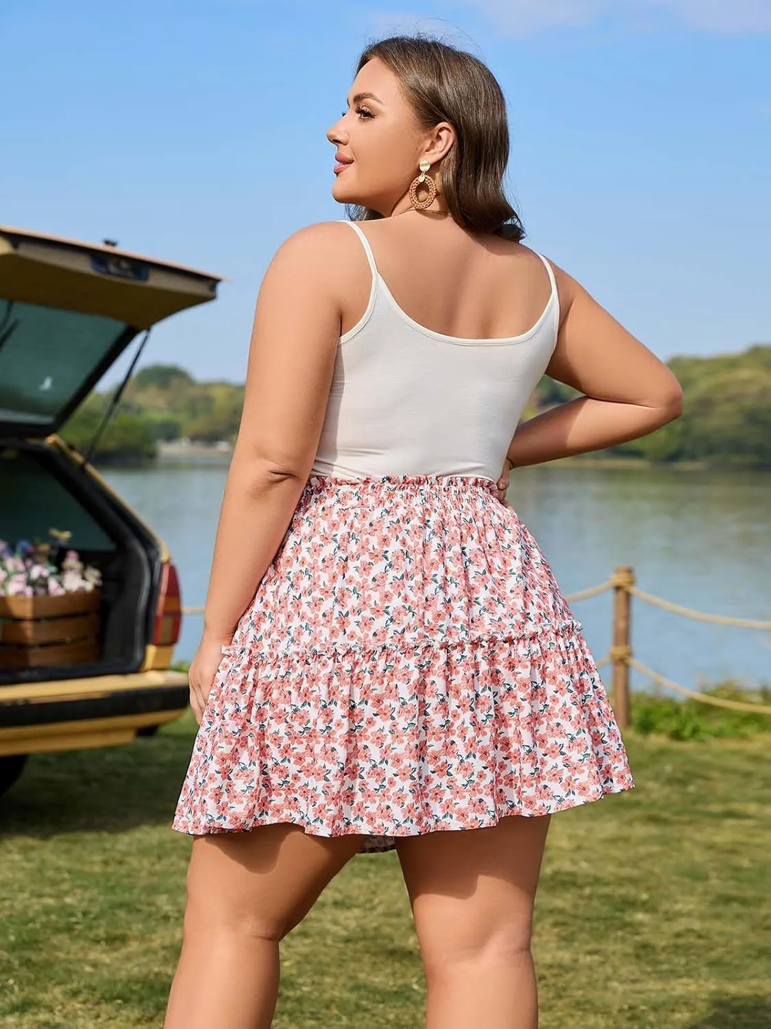 Women's Plus Size Flowy Floral Skirt Casual Boho High Waisted Ruffle Tiered Mini Skater Skirt with Shorts