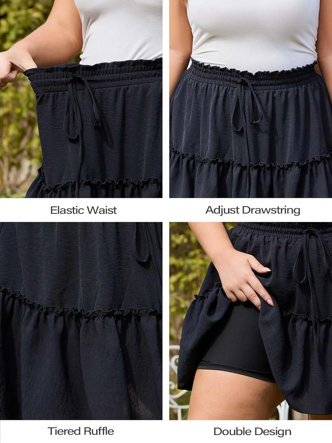 Women's Plus Size Flowy Floral Skirt Casual Boho High Waisted Ruffle Tiered Mini Skater Skirt with Shorts