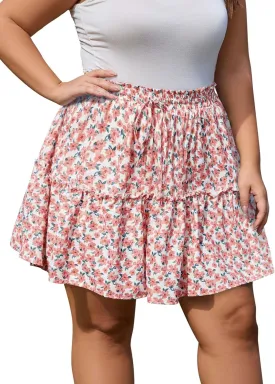 Women's Plus Size Flowy Floral Skirt Casual Boho High Waisted Ruffle Tiered Mini Skater Skirt with Shorts
