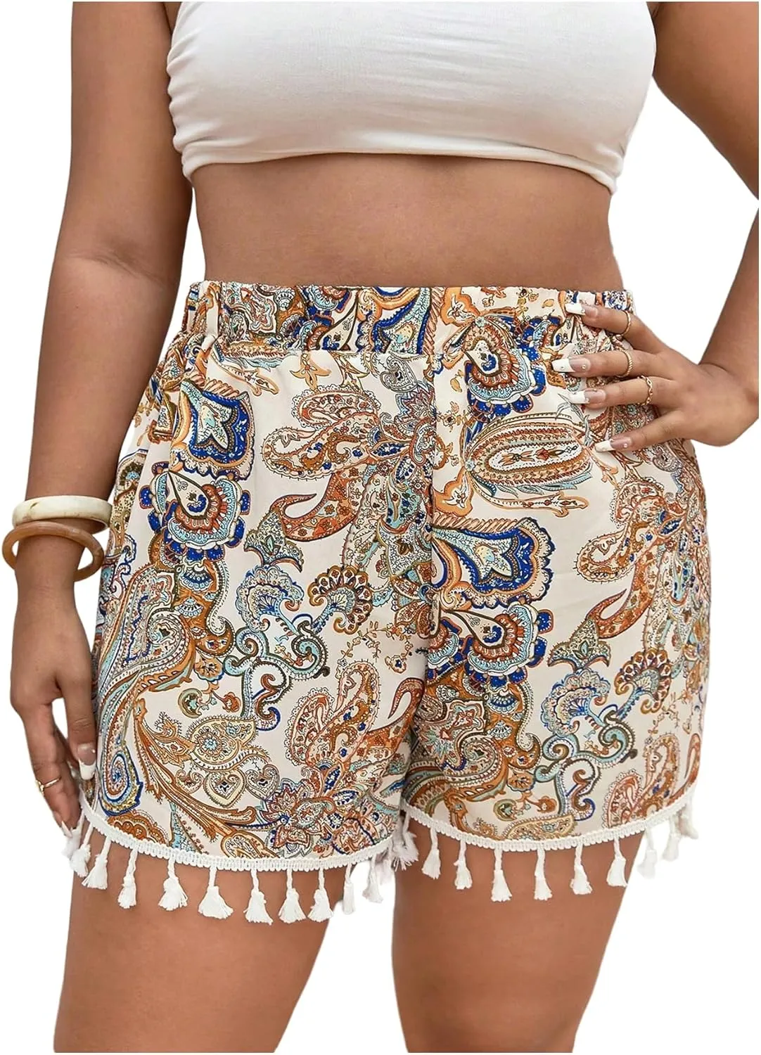 Women's Plus Size Paisley Print Shorts Boho Tassel Hem Short High Waisted Wide Leg Vacation Shorts
