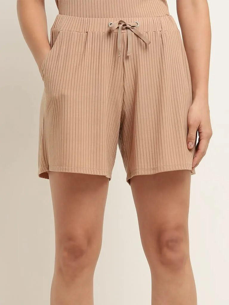 Wunderlove Light Taupe Ribbed Mid-Rise Shorts