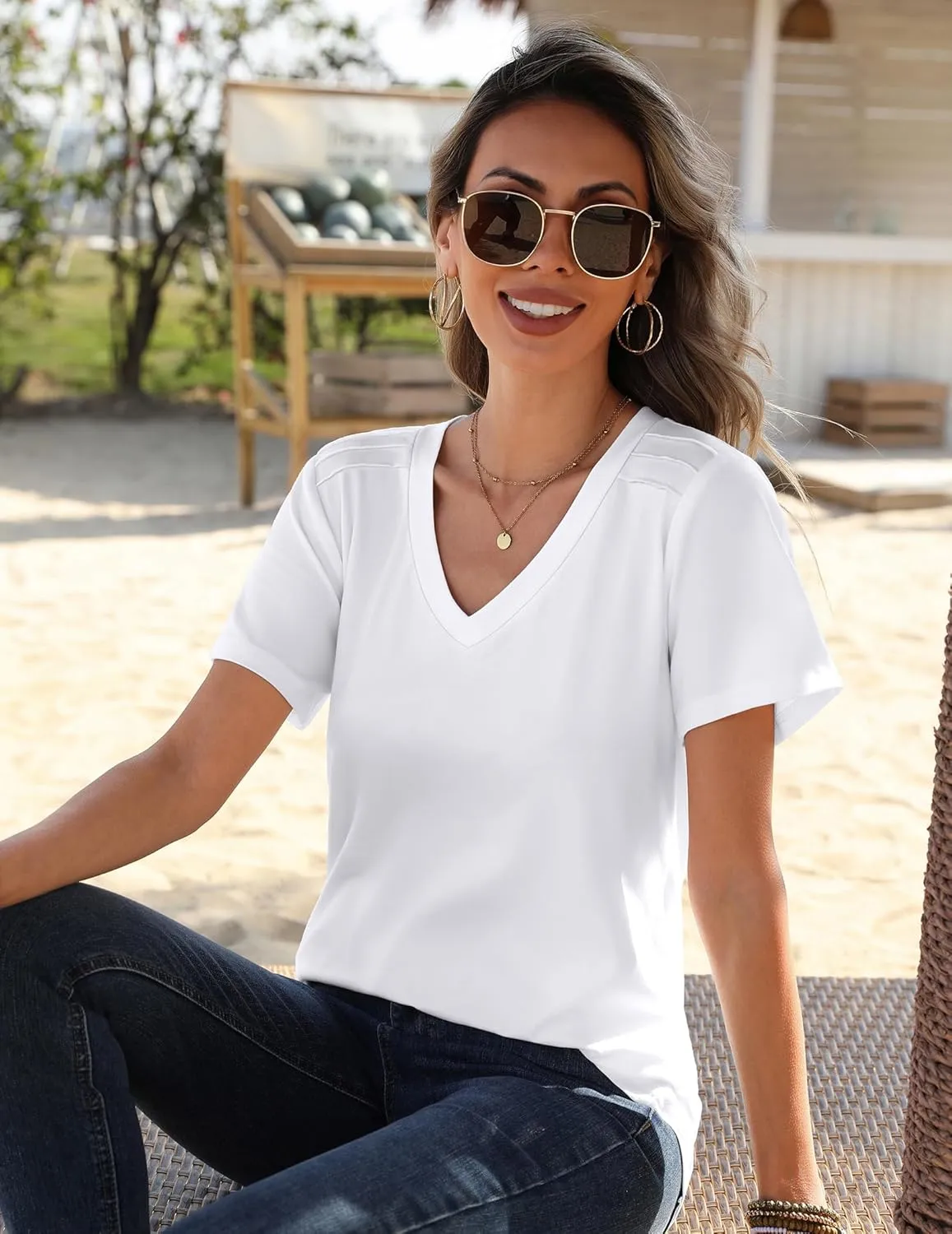 Zeagoo Womens Short Sleeve Shirts for Summer Casual V-Neck Blouse Shirts 2025 Dressy Tops with Pleats