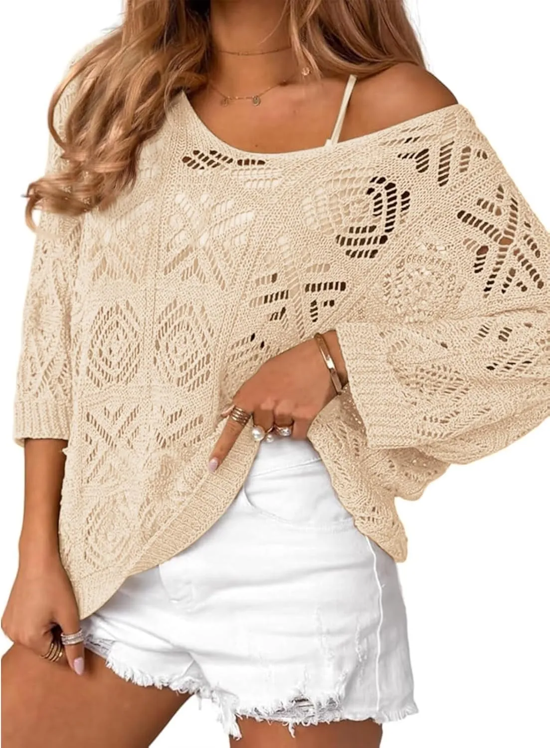 Zeagoo Women's Summer Crochet Off The Shoulder Hollow Out Knit Tops 2025 V Neck 3/4 Sleeve Sweater Top