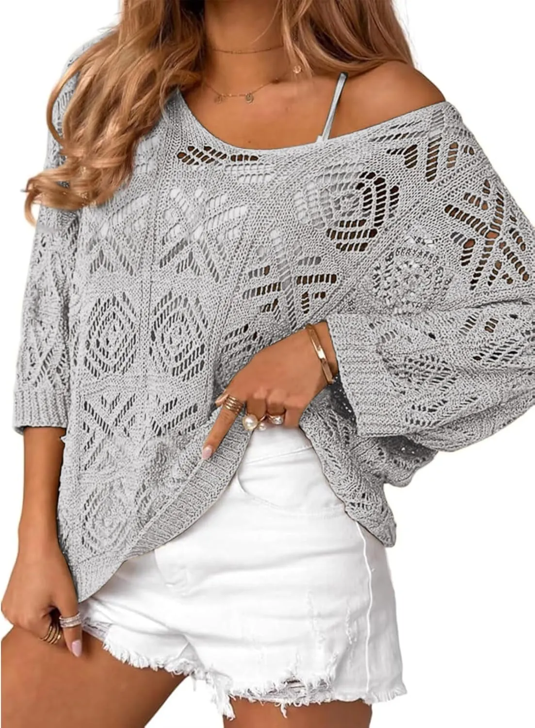 Zeagoo Women's Summer Crochet Off The Shoulder Hollow Out Knit Tops 2025 V Neck 3/4 Sleeve Sweater Top