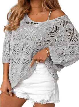 Zeagoo Women's Summer Crochet Off The Shoulder Hollow Out Knit Tops 2025 V Neck 3/4 Sleeve Sweater Top